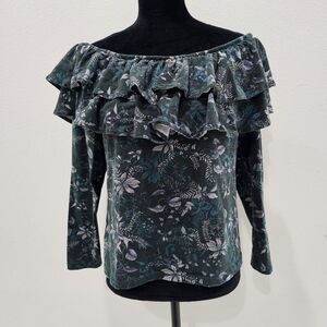 H&M Hunter Green Off Shoulder Ruffled Long Sleeve Blouse